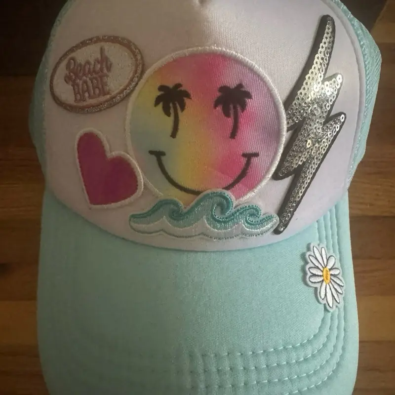 Beach Babe Brand Beach Trucker Hat with Smiley Face Design and Sequined Details for Summer Wear