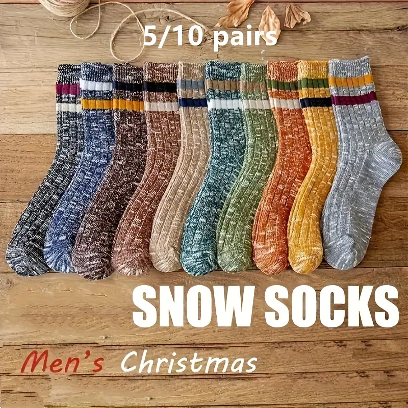 5/10 Pairs Men's Casual Striped Retro Blend Knitted Socks Thick, Soft, Warm, Breathable & Moisture- Crew Socks for Boys, Autumn/Winter Socks