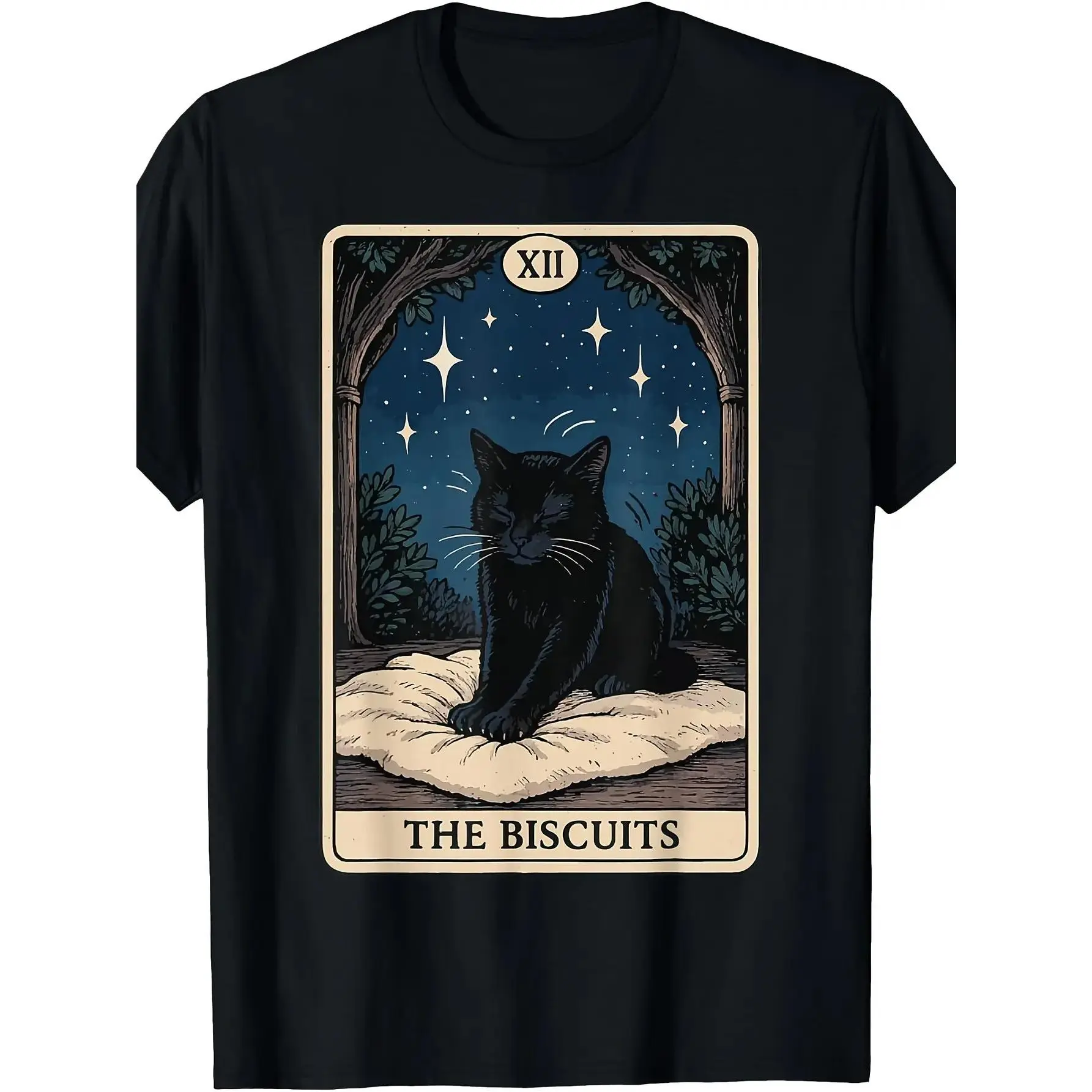 Retro Biscuits Cat Tarot Card T-Shirt - Vintage Tarot-Themed Apparel with Iconic Cat, Machine Washable Round Neck Tee Suitable for - Casual Wear & Themed Events, Retro Style T-Shirt