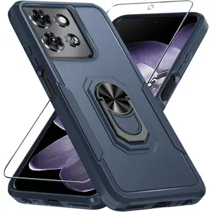 Janmitta Compatible with Motorola Moto G 2025 Case with Screen Protector,Heavy Duty Shockproof Full Body Protective Cover Built in Rotatable Metal Ring Holder Kickstand,Navy Blue