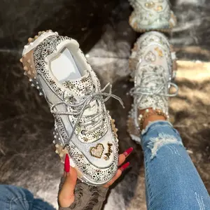 Women'S Sparkling Rhinestone-Embellished Casual Sneakers - Thick Platform Low-Top Lace-Up Shoes with Durable Rubber Sole, All-Season Versatile for Daily Wear, Work & Outdoor Walking - Breathable Fabric Upper & Synthetic Cover Insole, Ladies