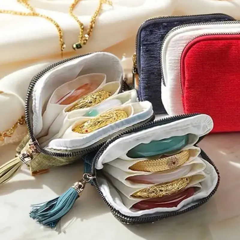 Fringe Travel Jewelry Organizer, Tassel Accent Jewelry Sorter with Zipper, Multi-Pockets Bag Accessory for Luggage Organization