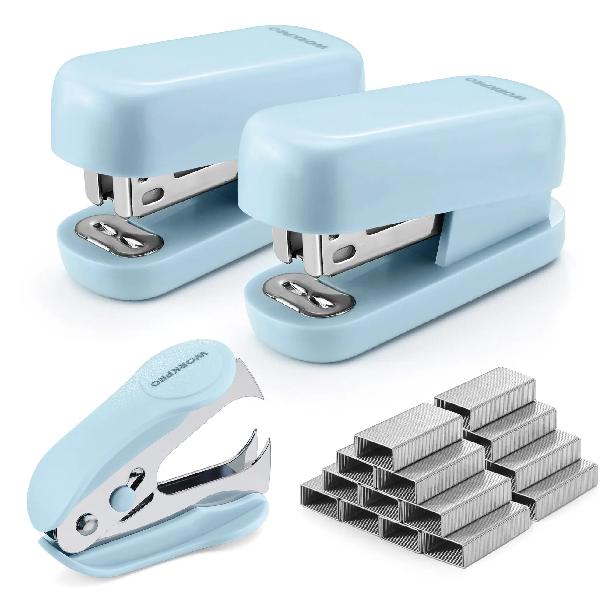 WORKPRO Small Stapler with Staples, Cute Stapler Set, Lock Design | Two Mini Staplers, One Staple Remover, 2000 Standard Staples - Staplers for Desk with Non-Slip Base, Colorful