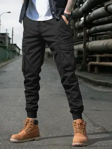 Men's Fitted Work Pants, Casual Outdoor Pants, Elastic Waist Drawstring, Side Button Pockets, Comfortable Skin-Friendly Fabric, All Seasons, S-2xl