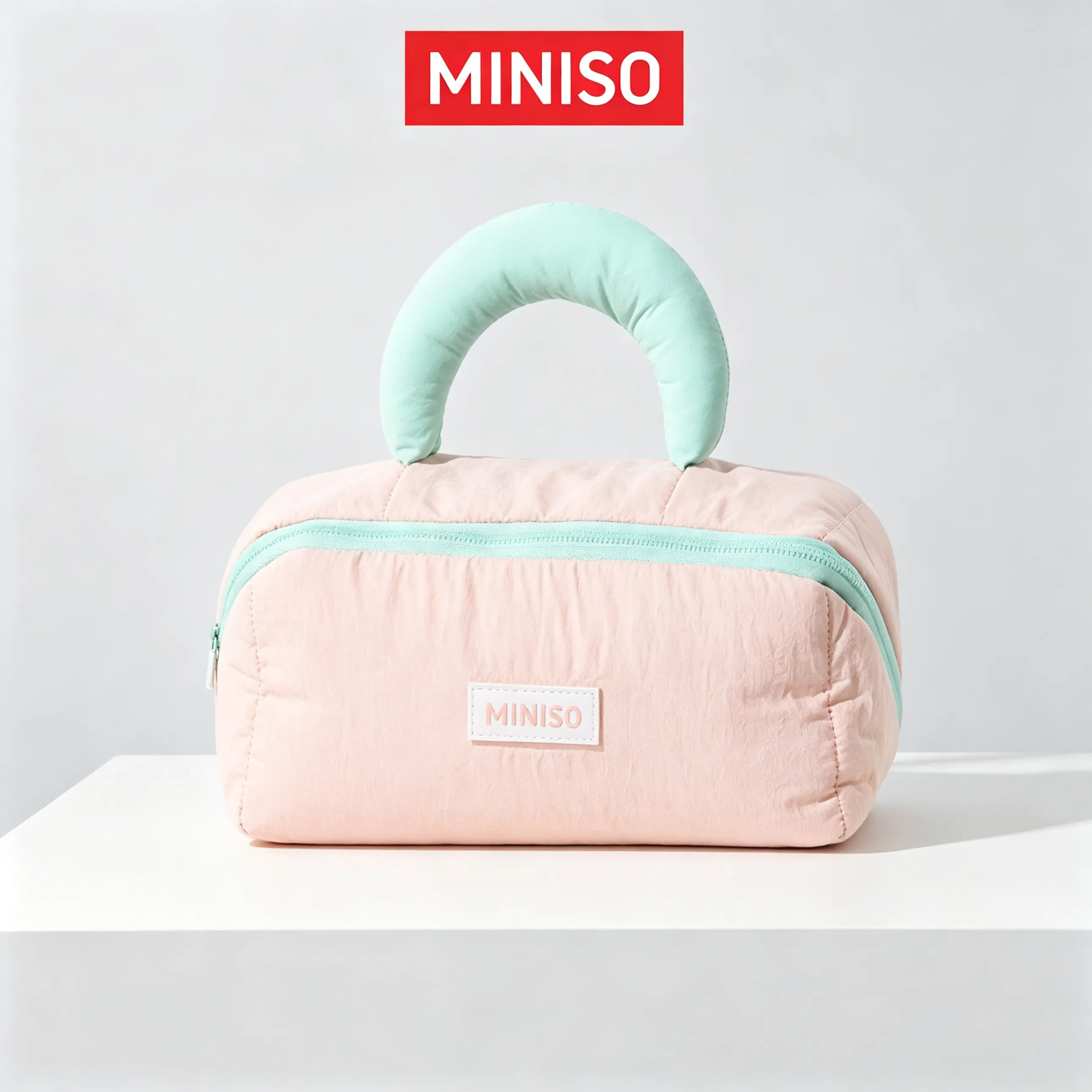 MINISO Cotton Candy Puffy Cosmetic Bag for Women - Large-Capacity Travel Makeup Organizer, Soft Padded Handle, Portable Toiletry Storage Pouch, Cosmetics Organizer, Makeup Containers, Travel Makeup Bags Organizers