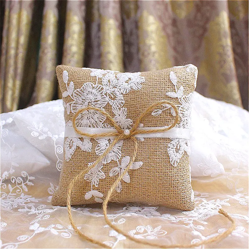 Vintage Rustic Ring Bearer Pillow Fall Wedding Decor Wedding Ring Cushion Embroidered, Aesthetic Embellished Handcrafted Ring Pillow Handmade Rings Pillow for Bride for Wedding Rings with Bow for Ceremony Wedding Party Anniversary