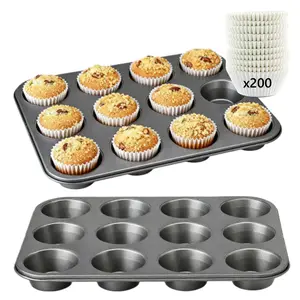 2 Pack Cup Cake Tray with 200 Liners, Muffin Pan for Baking, Nonstick Cupcake Tin 12 Cup, Premium Cheesecake Pans, Dishwasher Safe- Carbon Steel