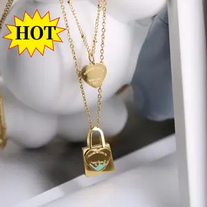 T's  Blue Oil Dripping Lock Heart Double-Layer Necklace Female 18K Gold Sweet Style Clavicle Chain