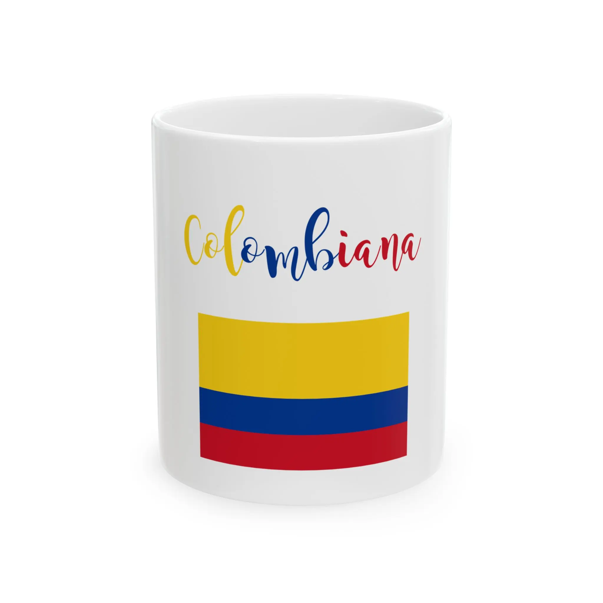 Colombiana Script Ceramic Mug - Colombian Flag Print, Classic Lead-Free Drinkware for Work Desk, Everyday Use Coffee Cup, Backpack, Customizable Design Mugs