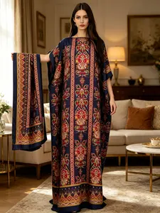Two piece satin Kaftan set, navy blue Kaftan red gold ethnic print dress with scarf, women's oversized beach skirt loose Muslim pajamas, Caftan Beach, is a loose and fashionable choice for daily and party wear, very suitable for beaches and resorts