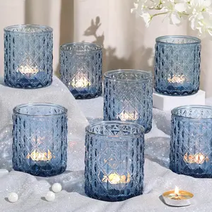 8 Pcs Large Blue Glass Votive & Tea Light Candle Holders for Wedding Bridal Shower Table Centerpiece Party Home Decor