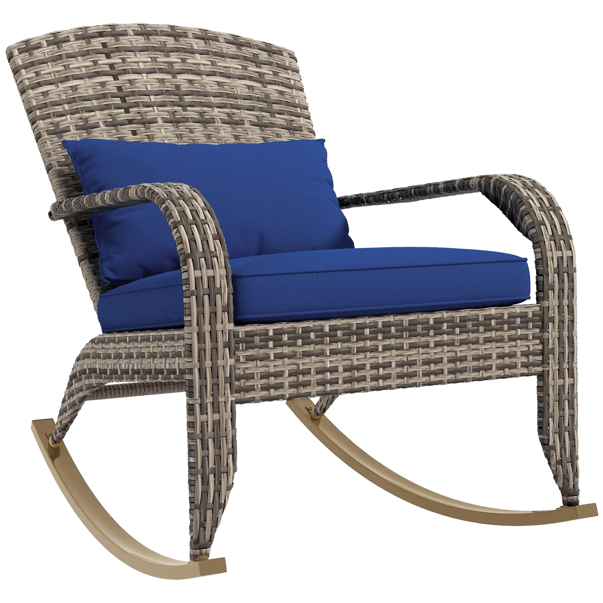 Outsunny Outdoor Wicker Adirondack Rocking Chair, Patio Rattan Rocker Chair with High Back, Seat Cushion, and Pillow for Garden, Porch, Balcony, Dark Blue