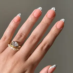 24pcs Nude French Tip Polka Dot Fake Nails, Short Nails for Longer Hands, Versatile for Work and Dates, All Skin Tone Friendly