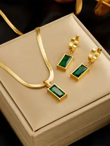 Women's Stainless Steel Necklace Set, Emerald Design Pendant Chain Jewelry, Fashionable Jewelry Set, Luxury Style Accessories for Women Daily Wear, Elegant Jewelry Set