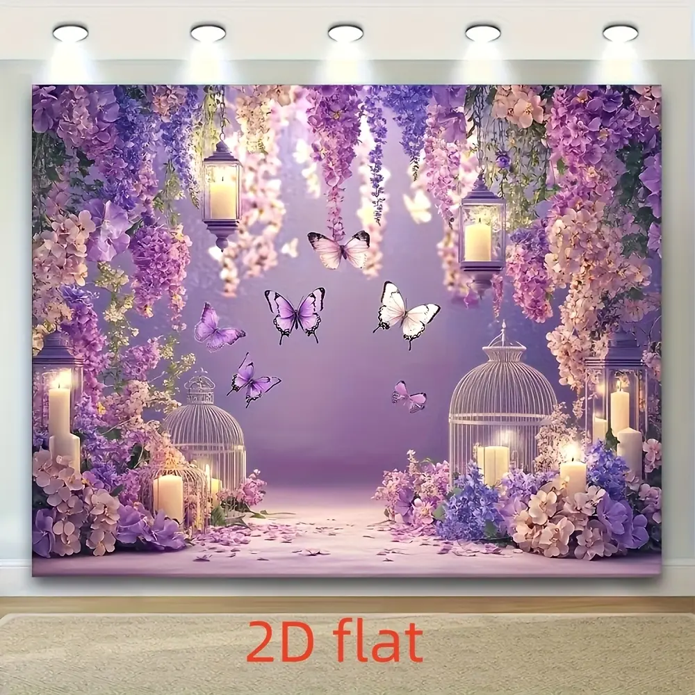 1 Piece 2D Flat Elegant Purple-Pink Butterfly Floral Tapestry Banner - Soft Lavender Background, Glowing Fairy Light Effect, Lilac Flowers, Lightweight Home Decor for Weddings, Photography, Floral Tapestries