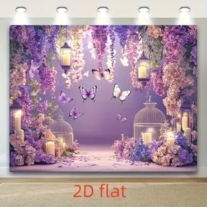 2D Flat, 1 Piece Elegant Purple Pink Butterfly Wall Decoration with Lilac Flowers - Soft Lavender Background with Glowing Fairy Light Effect, 2D Flat Banner Suitable for Weddings, Birthdays, Photography, Valentine's Day, Easter, Spring Parties - Lightweig