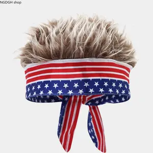 USA Flag Bandana Wig Headband with Fake Hair, Patriotic Star & Stripes Print, Perfect for 4th of July Parties, BBQs & Adding Hilarious Fun to Your Summer Events