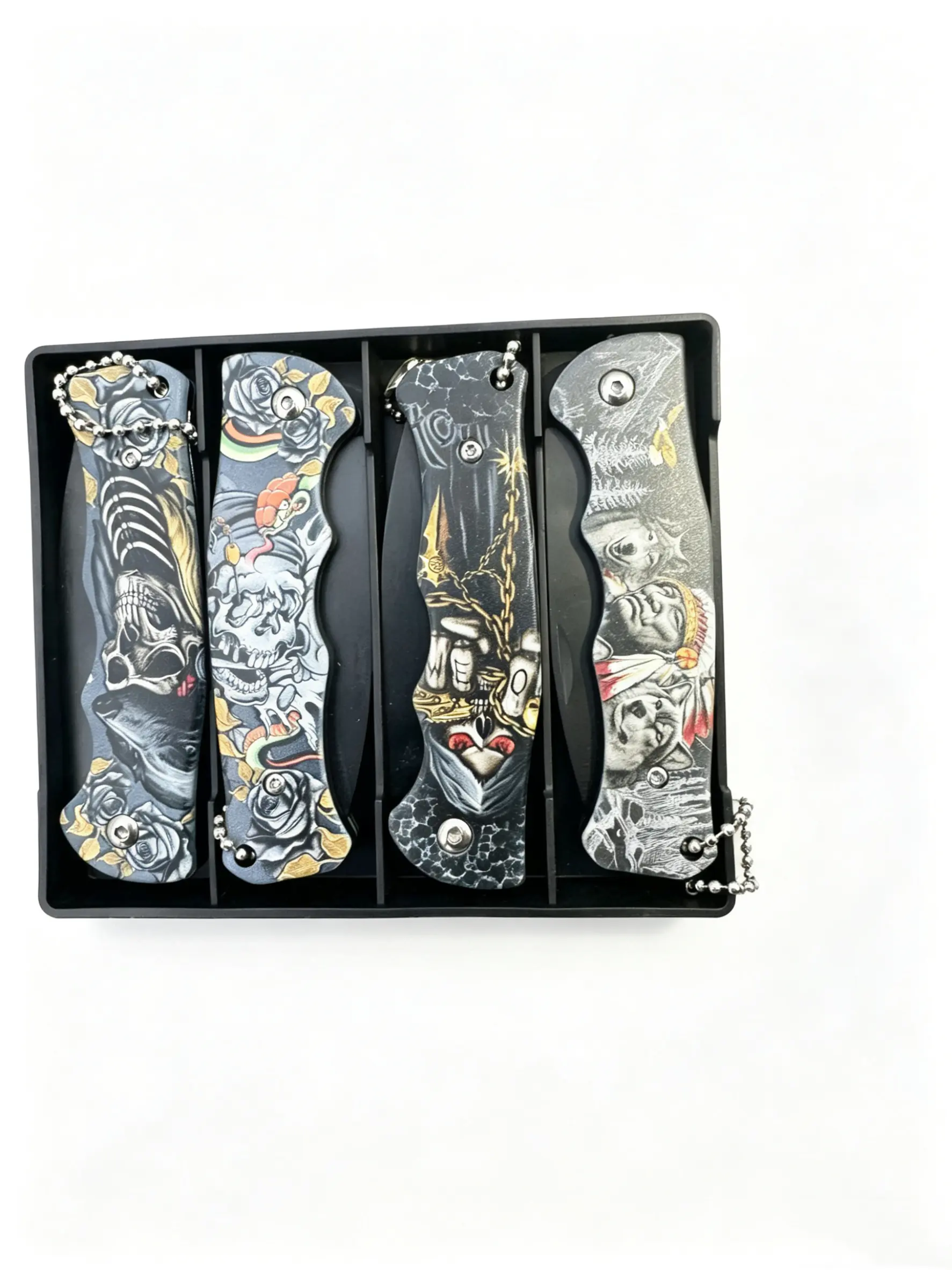 Skull head tattoo folding pocket knife, EDC daily carry, sharp stainless steel blade for outdoor use and collection