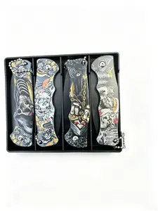 Skull head tattoo folding pocket knife, EDC daily carry, sharp stainless steel blade for outdoor use and collection
