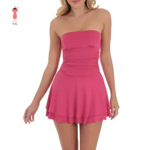 Women's Ruched Mini Dress Summer Strapless Solid Color Tube Top Dress Short Layered Dress