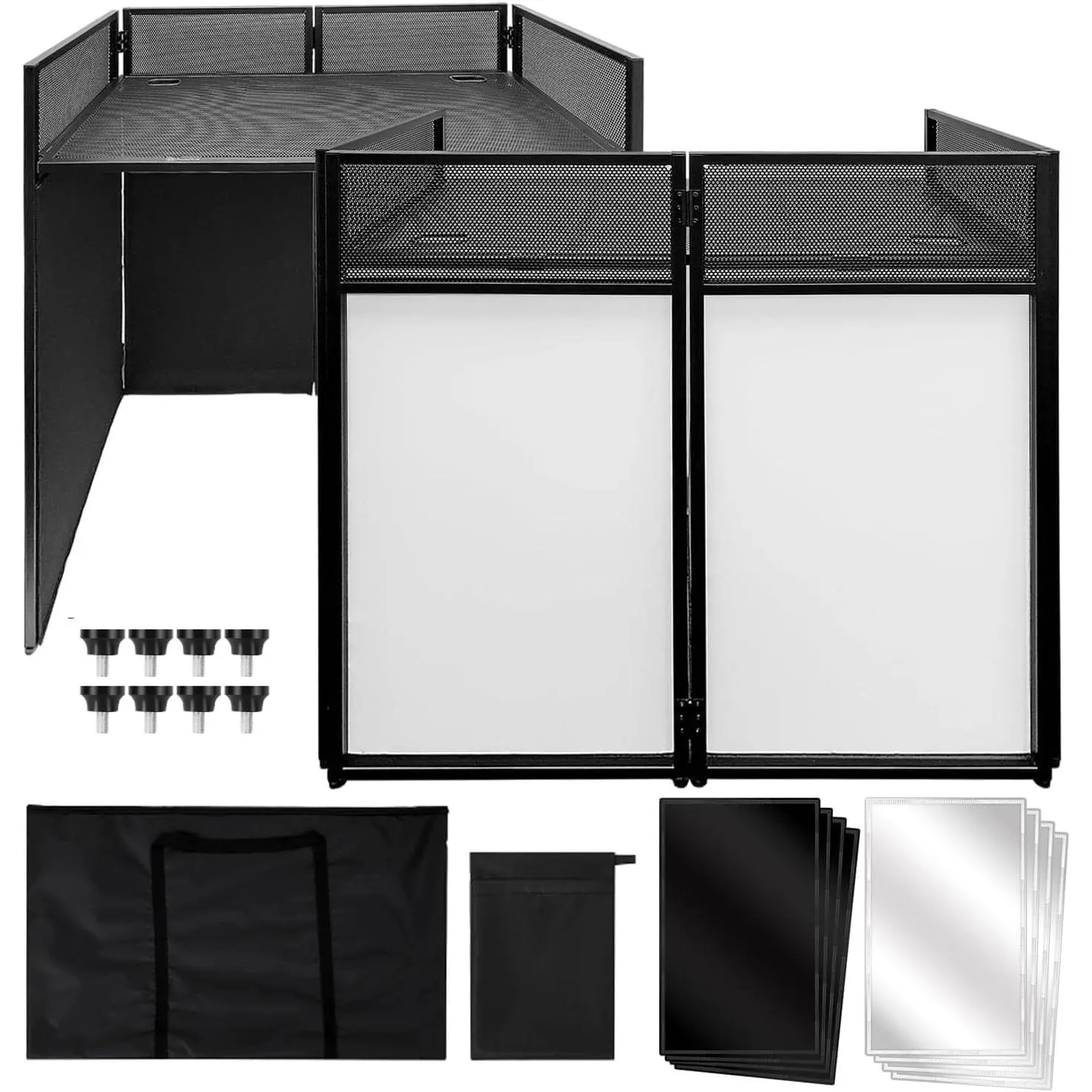 Professional Portable DJ Facade Booth Table – Collapsible Black Metal Frame – Adjustable Feet – Dual White & Black Scrim – Easy Assembly for Office Events and Parties