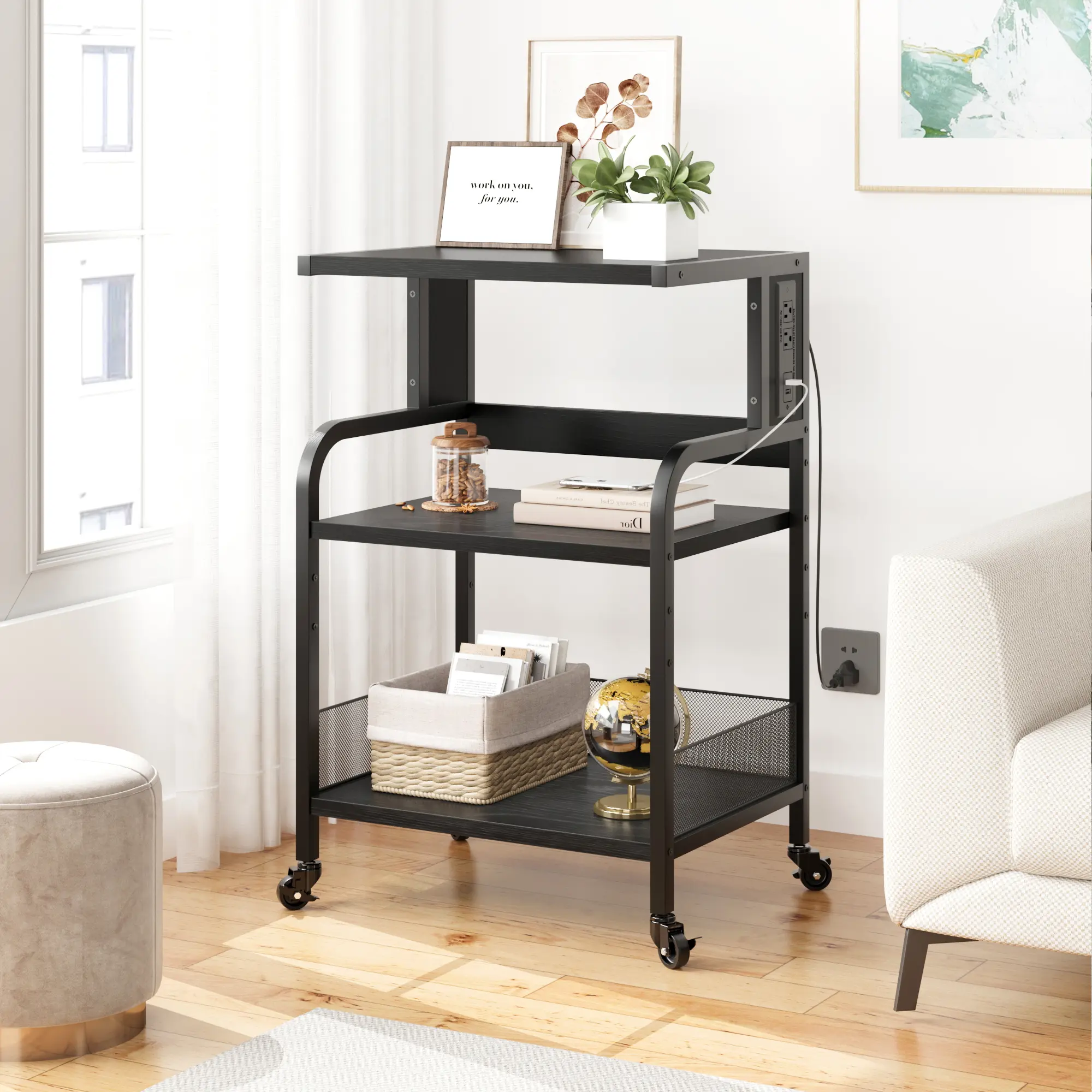 Printer Stand with Power Outlet, 3 Tier Rolling Printer Table with Adjustable Storage Shelf, Mobile Printer Cart on Wheels for Home Office, Fax Machines & Scanners, Rustic