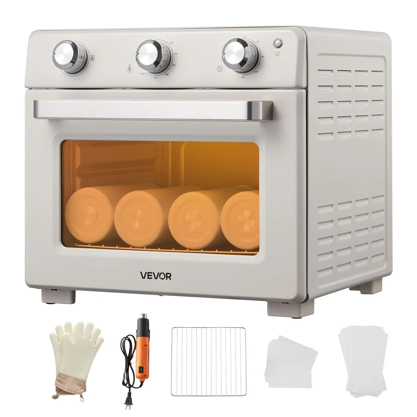 【Summerfinds】VEVOR Sublimation Oven Machine, 26 Qt, Fits 40oz Tumblers, with 1 Heat Air Gun, 50 Shrink Films, 1 Tape and 2 Heat Gloves, 360° Turbo Convection for Sublimation Blank Tumblers, Mugs, Bowls, Off-White