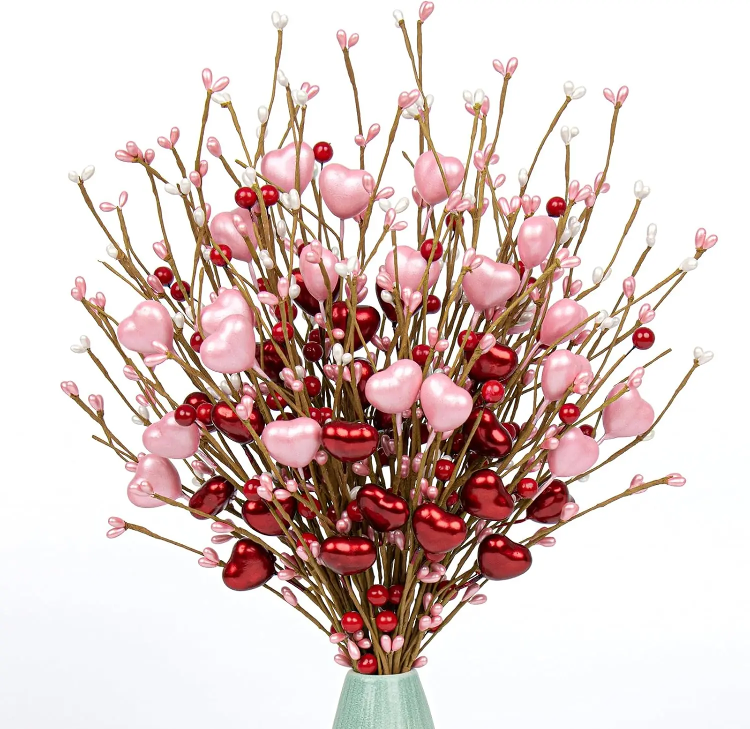 Valentines Day Gifts 24 Pack Valentine's Day Decorations Pearlescent Valentines Picks with Red and Pink Heart Shaped Berry for for Anniversary Wedding Candlelight Dinner