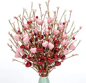 Valentines Day Gifts 24 Pack Valentine's Day Decorations Pearlescent Valentines Picks with Red and Pink Heart Shaped Berry for for Anniversary Wedding Candlelight Dinner