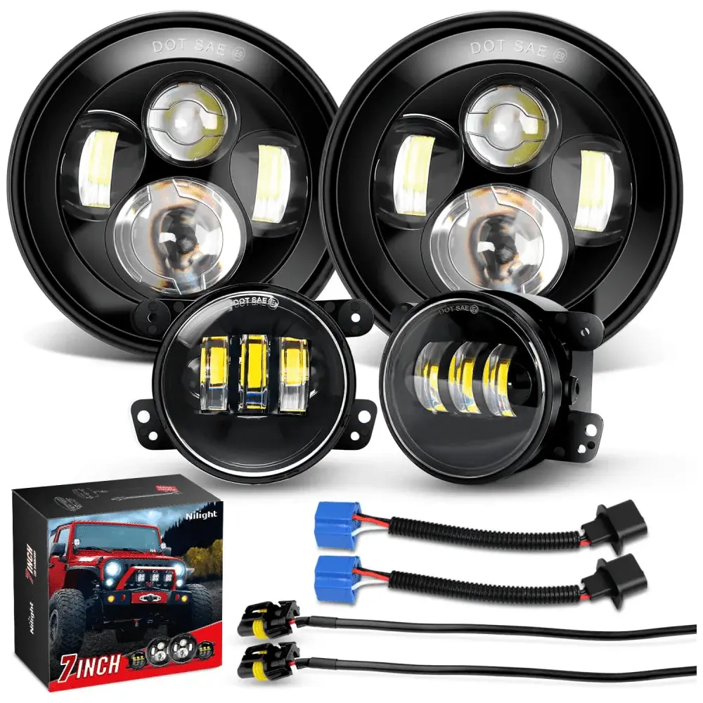 Nilight 7-In Car Lighting Headlights & 4-In Cree LED Fog Lights (4Pcs) with Angel Eyes, Plug-In, High/Low Beam, Aluminum Housing, IP67 Rated, 2 Years Durability, Universal Fit for 1997-2018 Wrangler JK, JKU, TJ, CJ, Rubicon, Waterproof