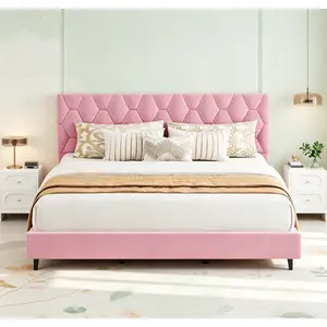 Platform Bed Frame with Adjustable Upholstered Headboard, Wood Slat Support, No Box Spring Needed, Low Profile Bed for Bedroom