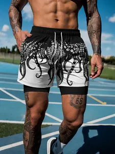 Men's Colorblock Novelty Pattern Lined Shorts, Two-In-One Beach Pants Mid-Waist, Hawaiian Vacation Elastic Drawstring Waist