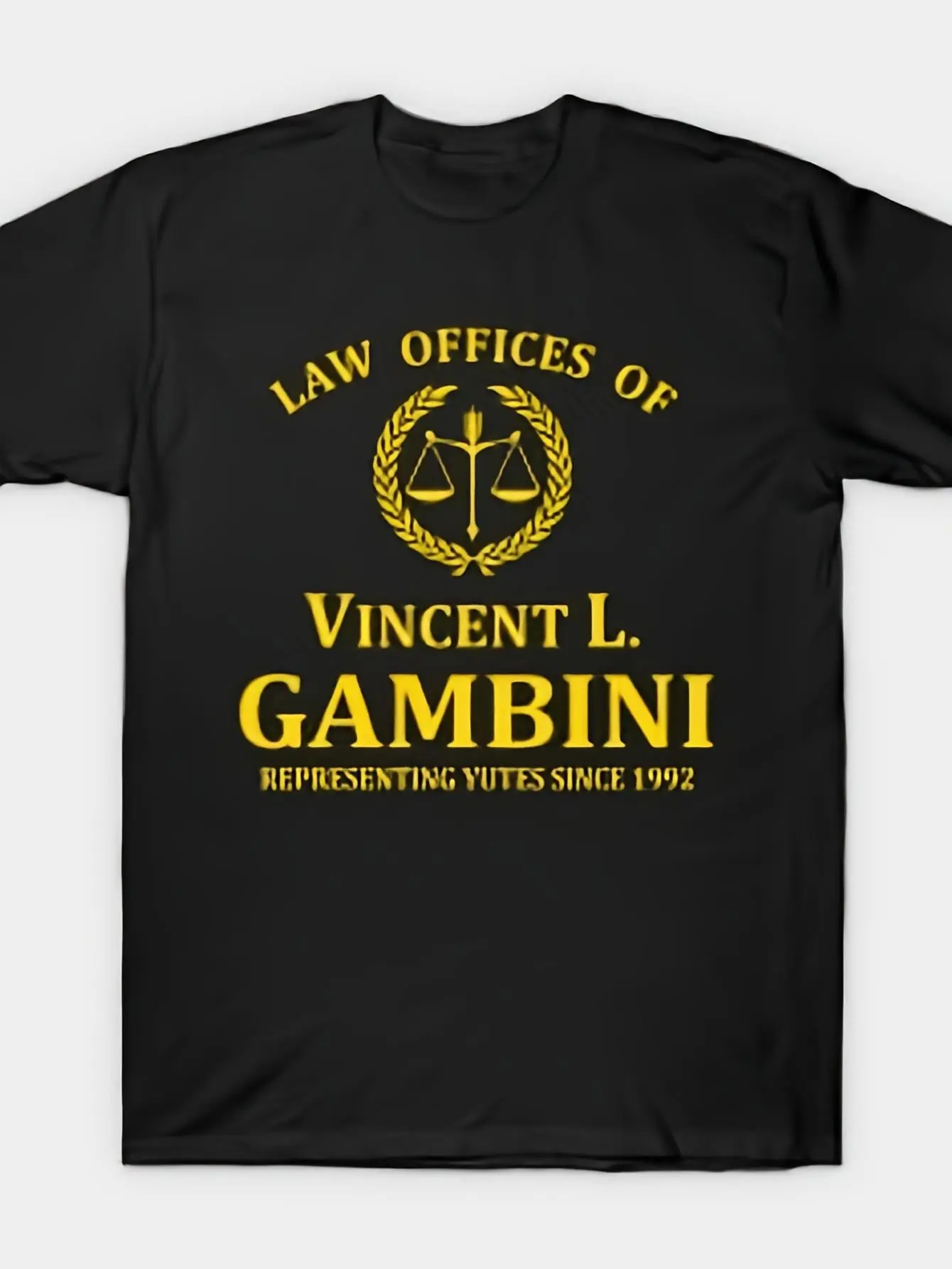 Law Offices of Vincent L Gambini Graphic T-Shirt - Black with Golden Text & Scales of Justice Design, Breathable Cotton Crew Neck Tee, Regular Fit Casual Shirt for Men, All-Season Comfort, Comfortable Clothing Professional Attire Medium Stretch