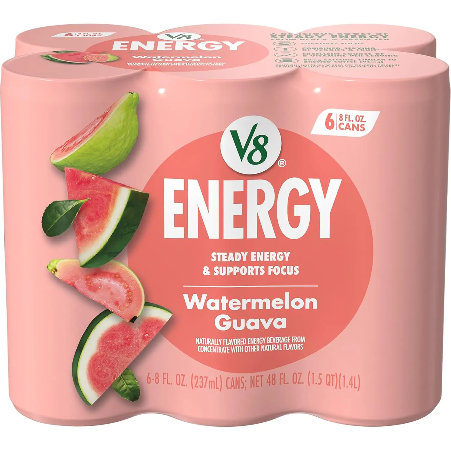 V8 Energy Watermelon Guava Energy Drink, 8 fl oz Can (6 Pack) - Sparkling Fruit Beverage, Ready-to-Drink, Convenient Multi-Pack Refreshment