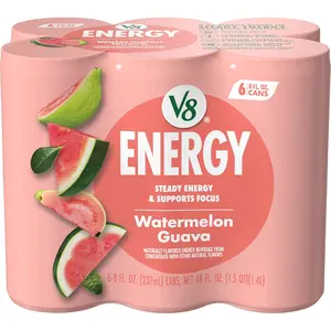 V8 Energy Watermelon Guava Energy Drink, 8 fl oz Can (6 Pack) - Sparkling Fruit Beverage, Ready-to-Drink, Convenient Multi-Pack Refreshment
