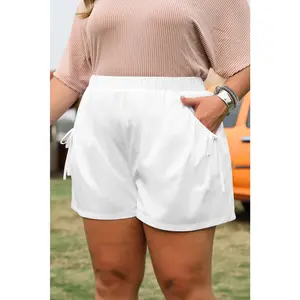 White Bow Decor Pockets Plain Plus Size Shorts