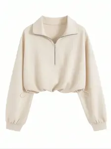 Women's Loose Fit Drawstring Waist Short Polo Shirt, Casual Half-Zip Pullover Sweater, Long Sleeve Spring & Fall Fashion Tops