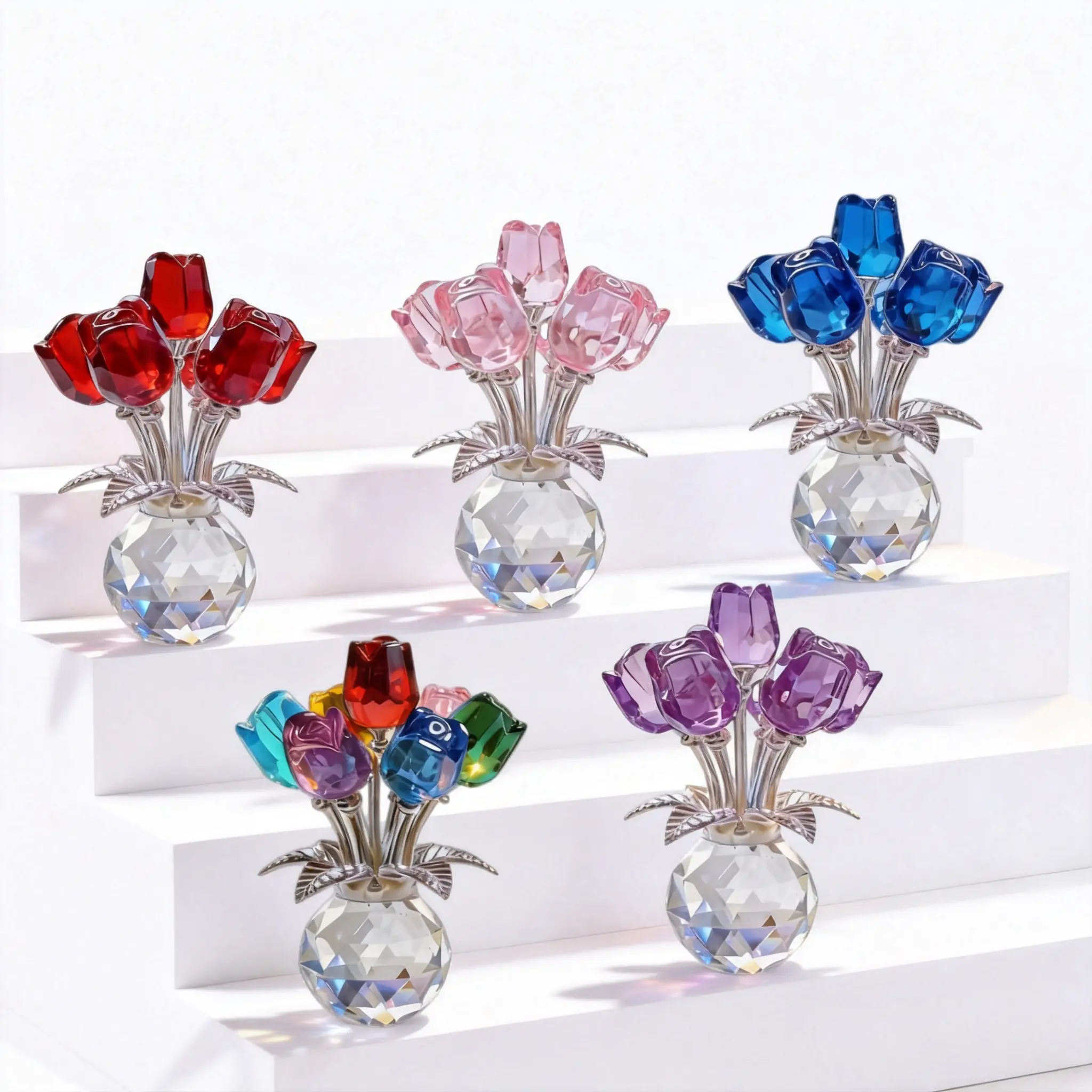 Non-Natural Crystal Glass Rose Bouquet - Multicolor Sparkle Faux Flower Decorations, Wedding Decorative Ornaments, Floral Glass Ornament Gift for Her, Figurine, Romantic, Artificial Glass