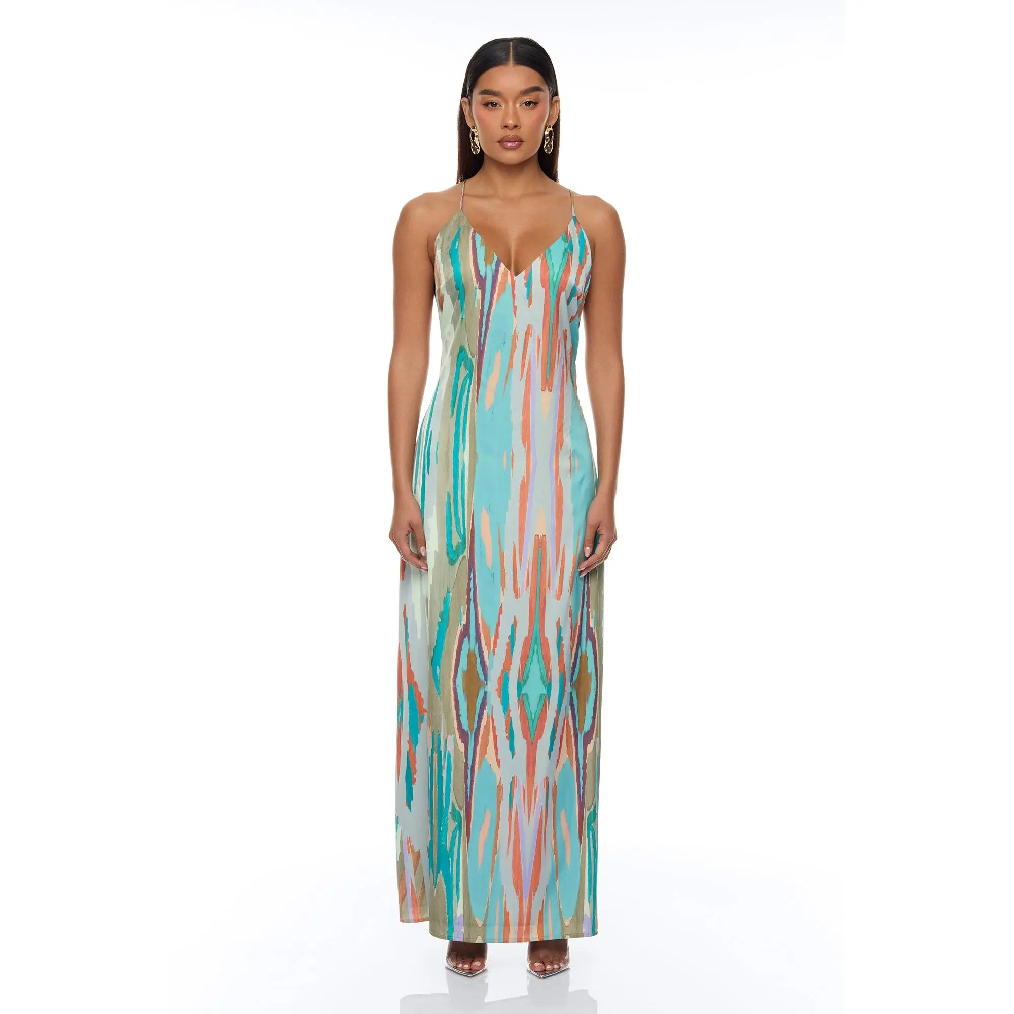 Daydreaming Backless Satin Maxi Dress - Turquoise/combo