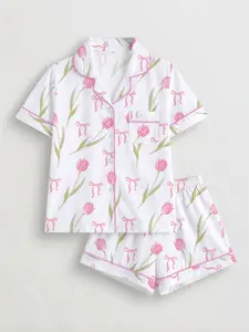 Women's Tulip Bowknot Printed Pyjama Set, Short Sleeve Button-Up Top & Elastic Shorts, Casual Homewear Loungewear for All Seasons