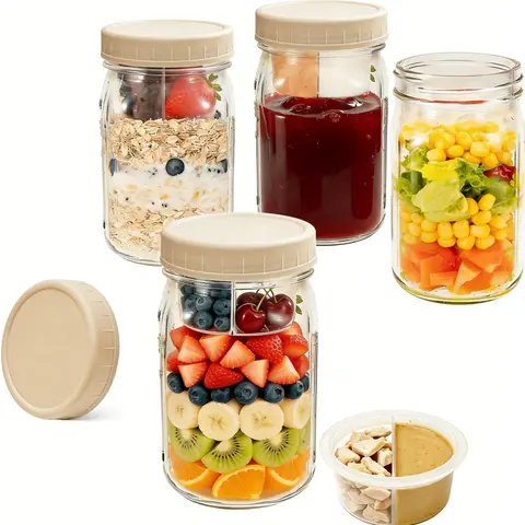 3-Compartment Leakproof Glass Mason Jars (4-Pack, 32oz) – Easy Kitchen Gadgets with Built-In Dressing Container, Wet/Dry Sections, Stackable Fridge Canisters, Throw in Bag No Mess for Meal Prep & On-the-Go Healthy Eating, Dishwasher-Safe