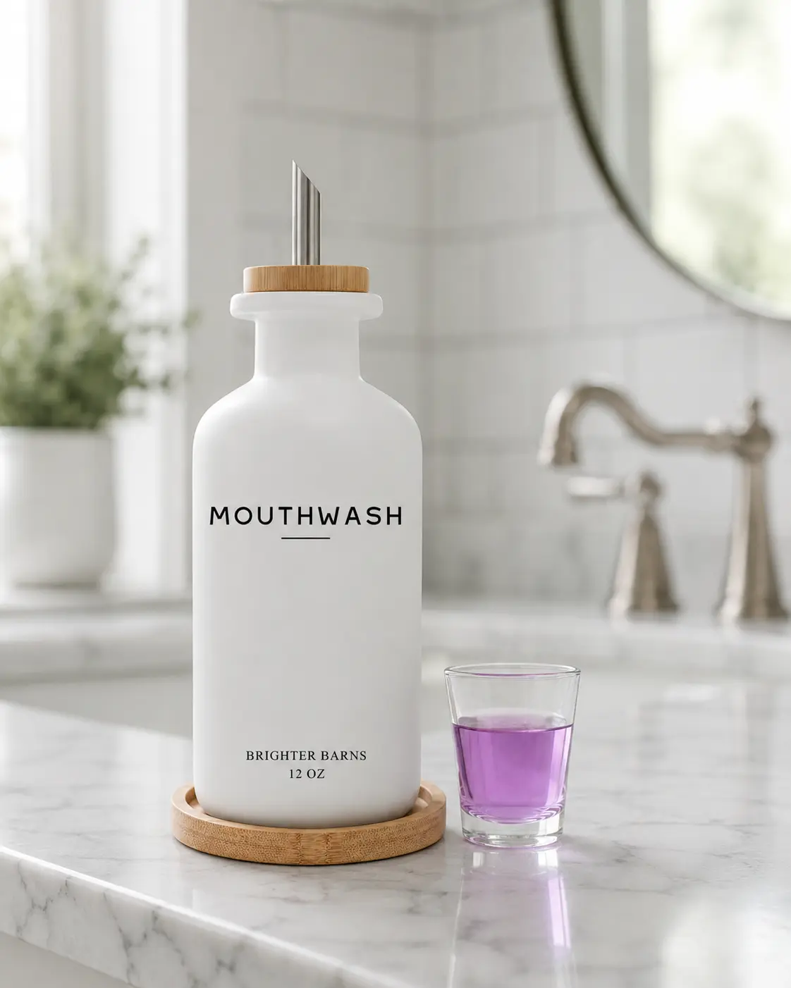 White Glass Mouthwash Dispenser for Bathroom - Mouth Wash Dispensers with Stainless Steel Spout, Mouthwash Cup, Tray - Mouthwash Container - Mouth Wash Bottle