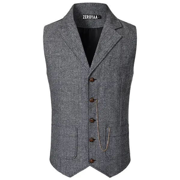 ZEROYAA Men's Herringbone Lapel Formal Suit Vest - Buckle-Accented Waistcoat for Wedding, Pair with Jeans, Pants, Blazer, Satin, Menswear