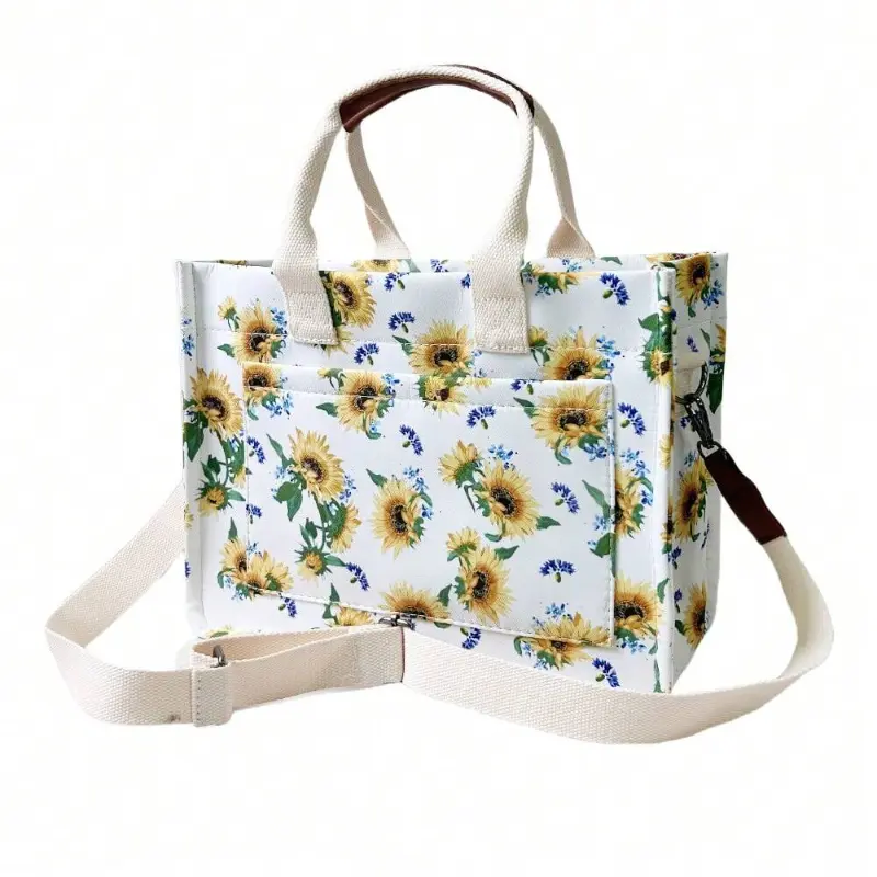 Women's Sunflower Print Large Capacity Tote Bag, Casual Commuter Bag, Multifunctional Shoulder-Crossbody Style with Multiple Pockets, Ideal for Picnic & Travel, Crossbody Carry, Hands Free, Sunflower Theme, Bright Mood, Holiday, Adjustable Strap