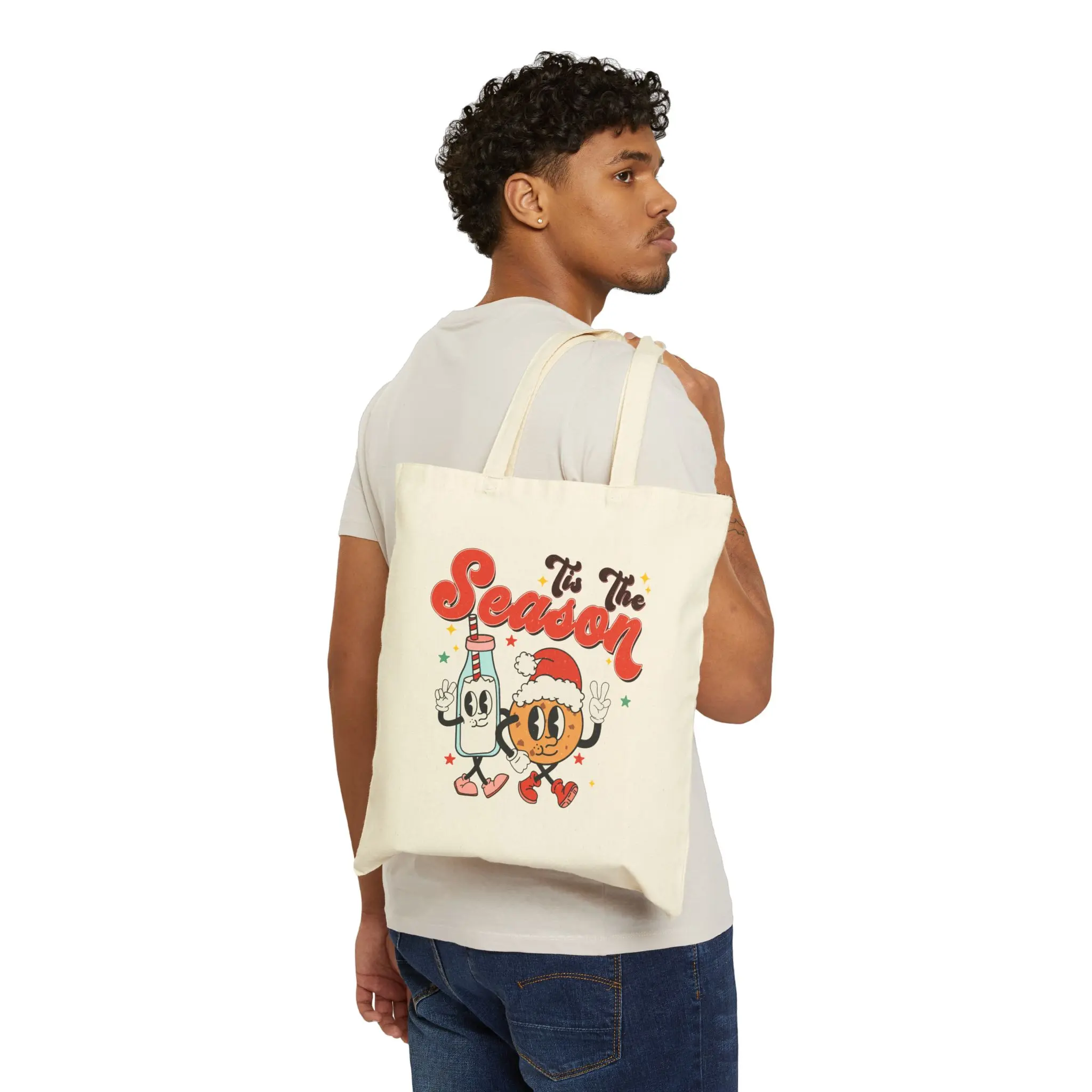 Christmas Cotton Canvas Tote Bag, Santa Cookies Reusable Grocery Bag, Holiday Shopping Bag, Festive Eco-Friendly Shoulder Bag, Xmas Gift