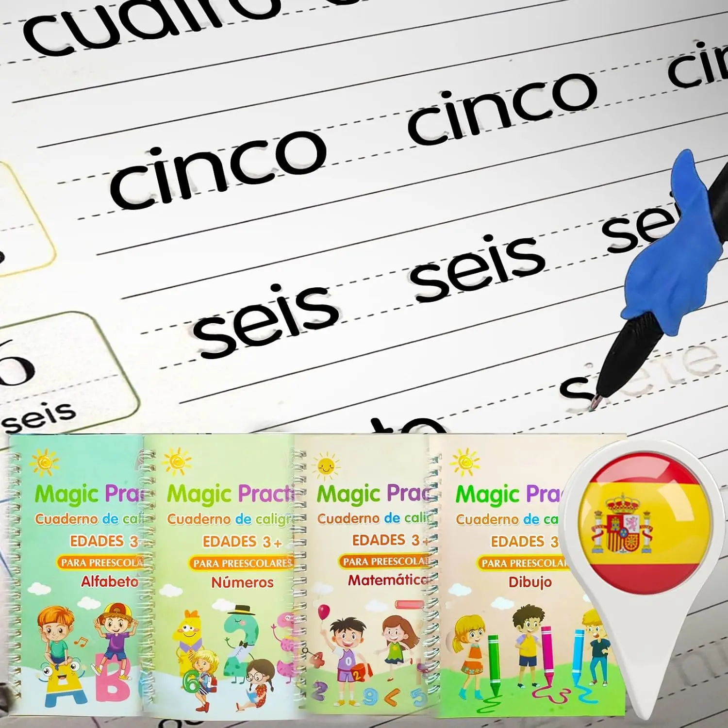 4 Magic Grooved Writing Practice for  - Spanish  Tracing Practice Book,   Handwriting Workbooks Without Tears, 4-Theme Copybooks with Pen Refill for  3-10 (Spanish, Small)