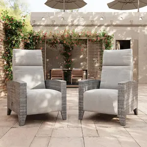 Outdoor Wicker Reclining Chair Set - 150° Reclining Patio Lounge Chair for Deck & Pool with Adjustable Backrest & Footrest, Flip-Up Side Table, Removable Cushion & Air Pump