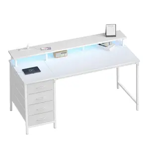 40" Computer Desk with 4 Drawers, Gaming Desk with Power Outlets and LED Lights, Office Desk for Small Spaces with Monitor Shelf, Writing Desk for Home Office Bedroom Study