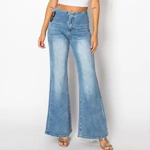 Vanessa CANANA Women's High Rise Stretch Flared Jeans - Mid Wash with Butterfly Embroidery, Minimalist Denim Pants SH25F04