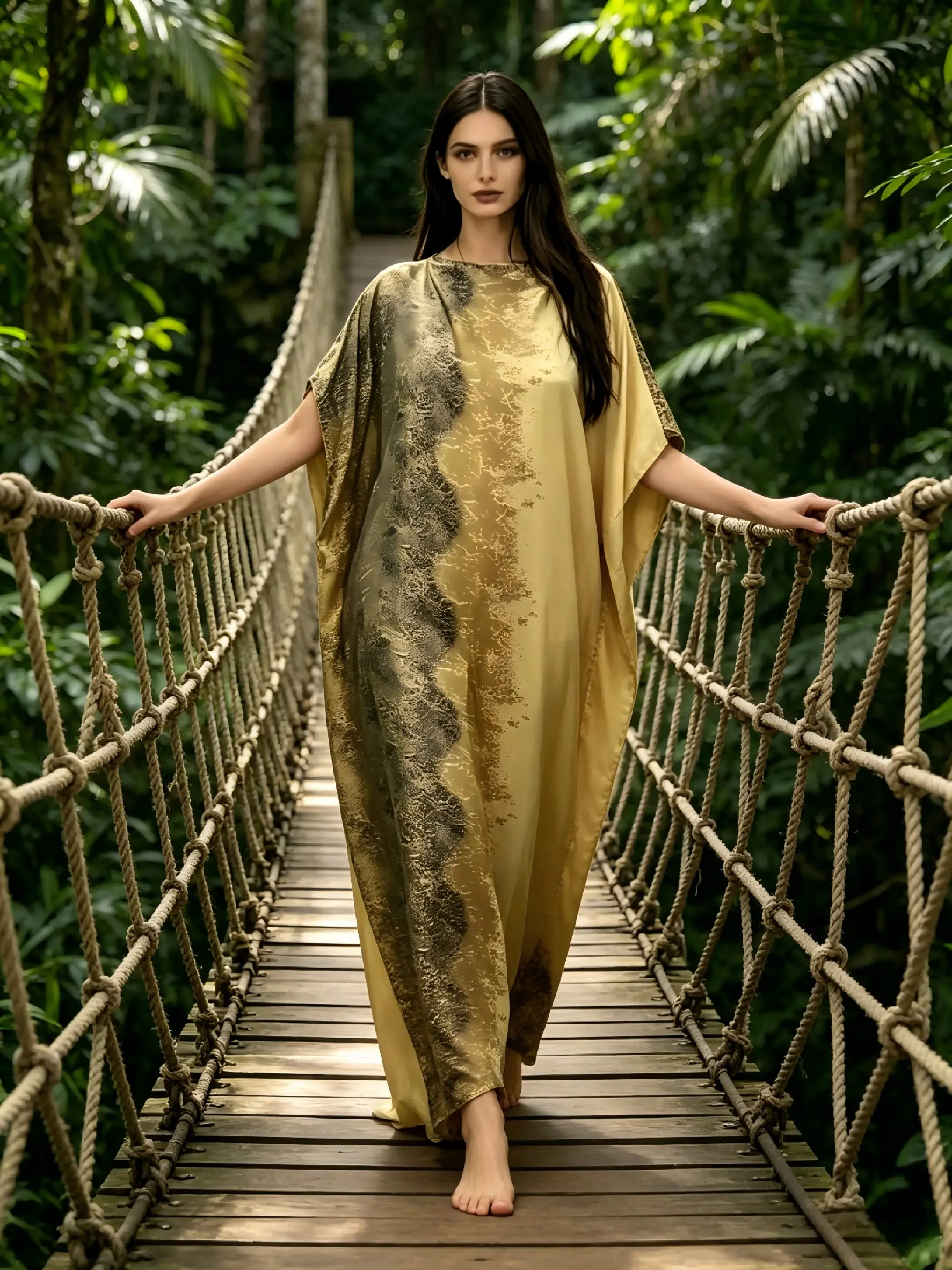 1 Robe+1 Scarf Champagne Gold Gradient Gilded Printed Bohemian Robe Dress Set Large Ship Collar Loose Flesh Covering Long Dress Robe+1 Scarf Light Luxury Noble Banquet/Vacation Long Dress